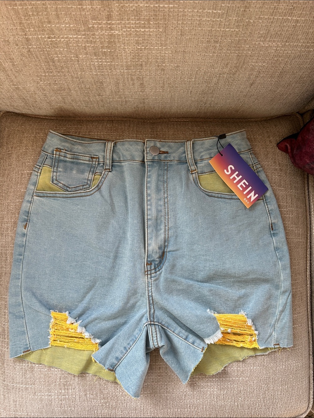 SHEIN Light Blue Denim Shorts with Yellow Accents